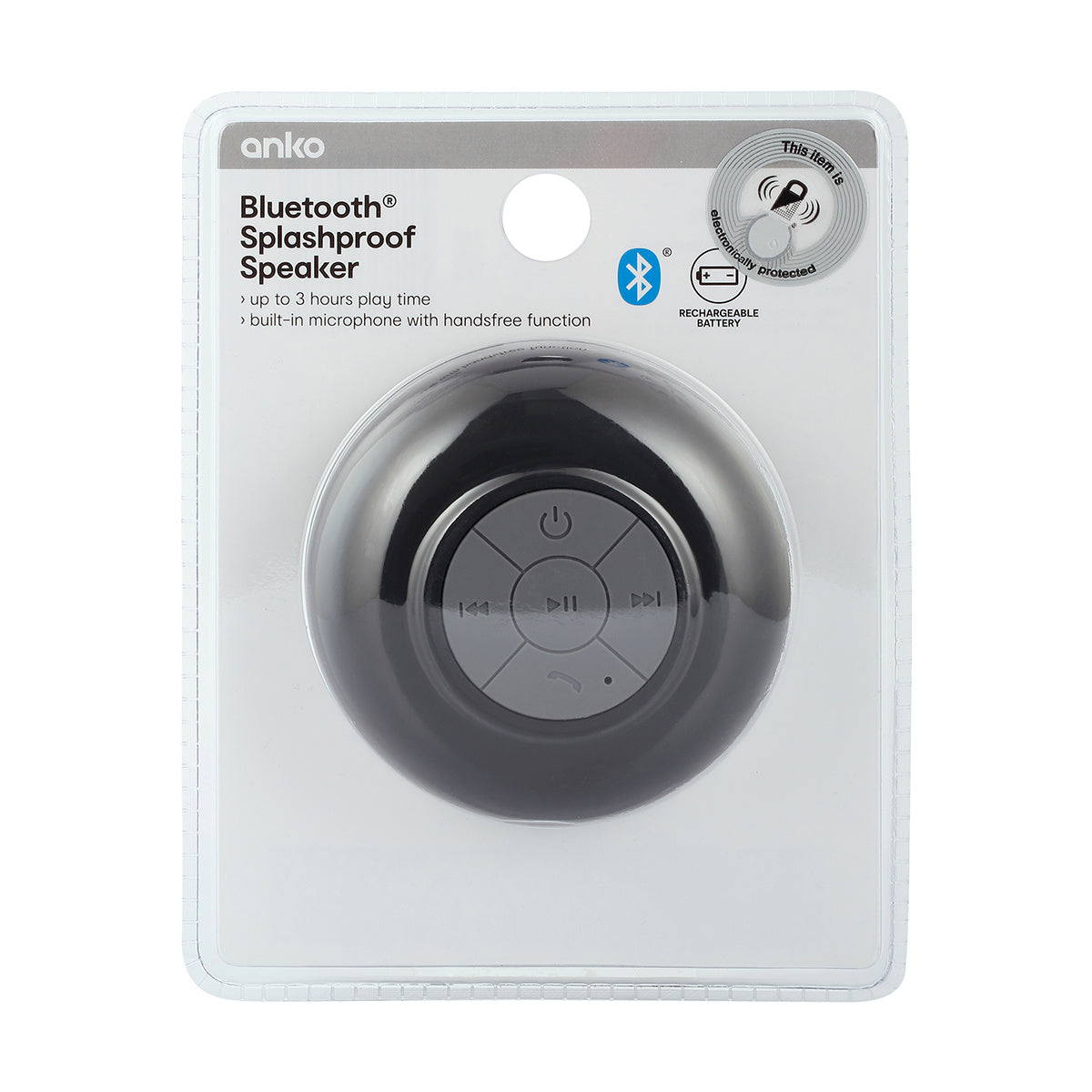 Anko Bluetooth Rechargeable Splashproof Speaker Black with USB Charg