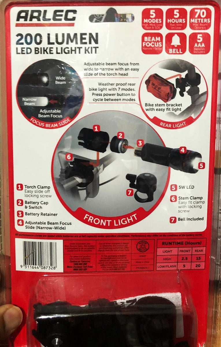 Arlec 200 Lumen LED Bike Light Kit with Bell & Rear Light/5 Modes/Beam