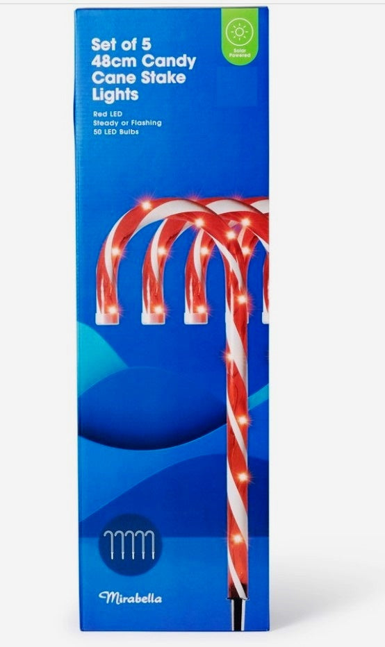 Mirabella Christmas Solar Powered LED Candy Cane Stakes - Set of 5