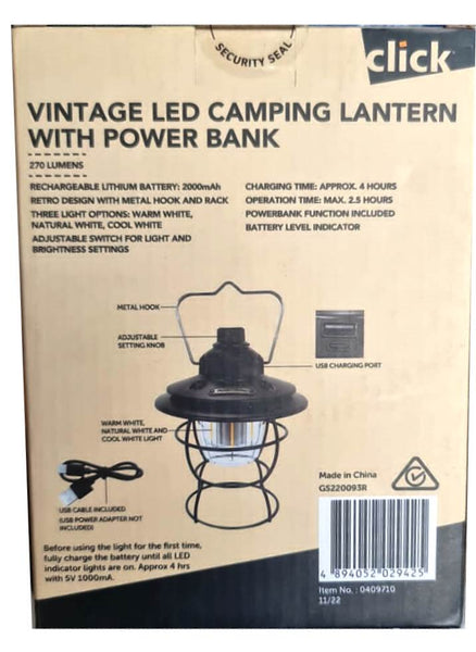 Click Vintage LED Camping Lantern With Power Bank