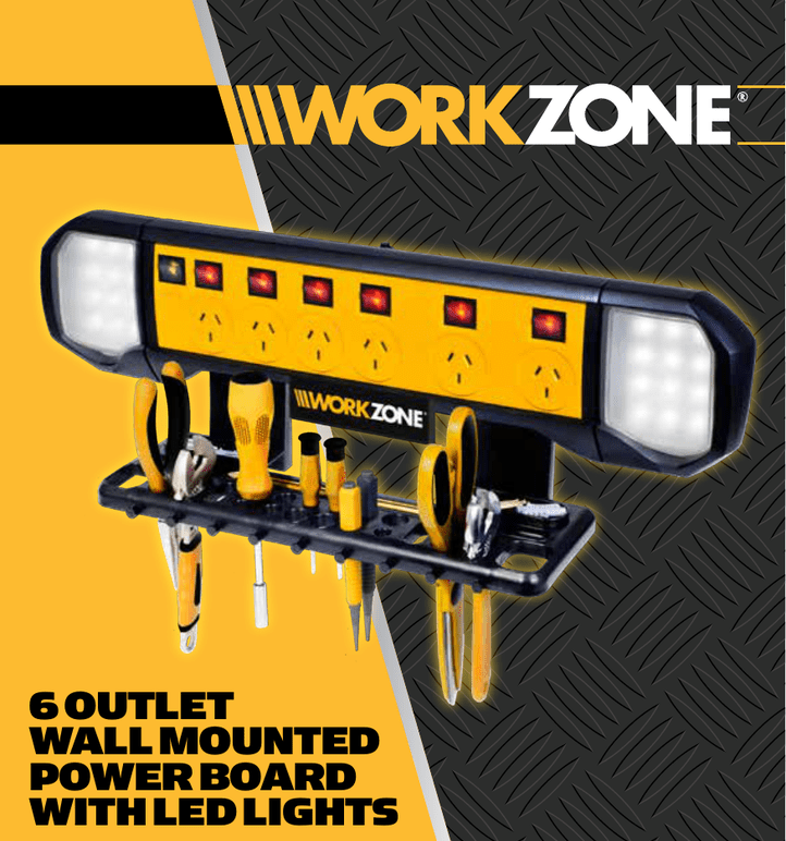 Work Zone 6 Outlet Wall Mounted Power Board with LED Lights