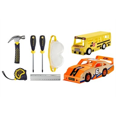 Stanley Jr. 6 Piece Tool Kit and 2 Woodworking Kits - Car and Bus