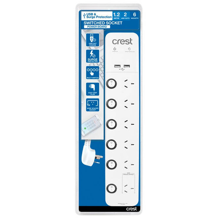 Crest Switched Socket USB Power Board & Surge Protection