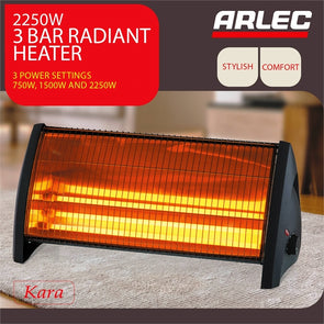 Arlec 2250W Arlec Radiant Heater/3 Power Settings/3 Tubular Quartz Halogen