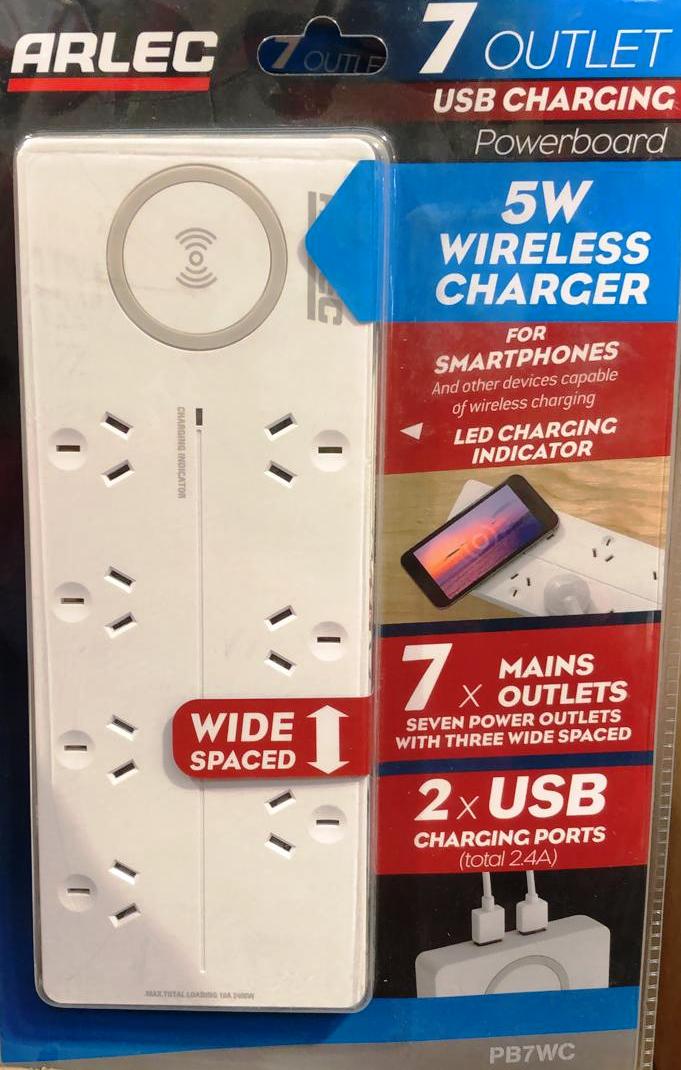 Arlec 7 Outlet USB Charging Powerboard  & 5W Wireless Charger