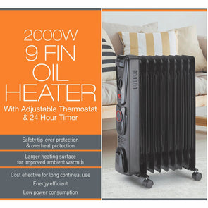 Arlec 2000W 9 Fin Oil Heater - Black