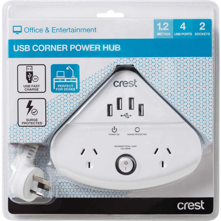 Crest USB Corner Power Hub - 4 USB Ports/ 2 Sockets /1.2m Length