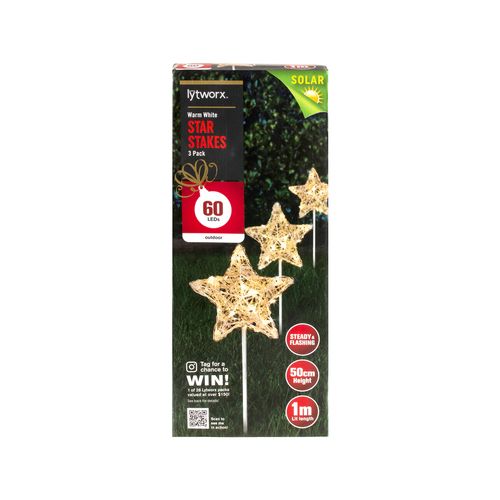 Lytworx 60 LEDs Warm White Solar Star Stake Lights - 3 Pack