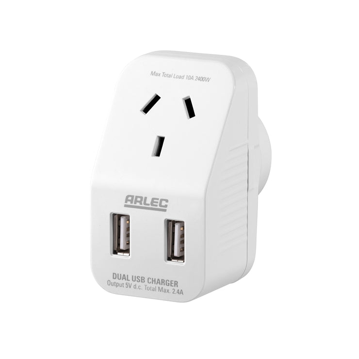 Arlec Compact Single Adaptor With Double USB Charger