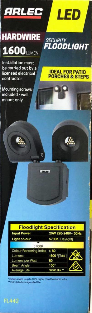 Arlec 20W LED Twin Head Security Flood Light/ Adjustable Lamp Heads