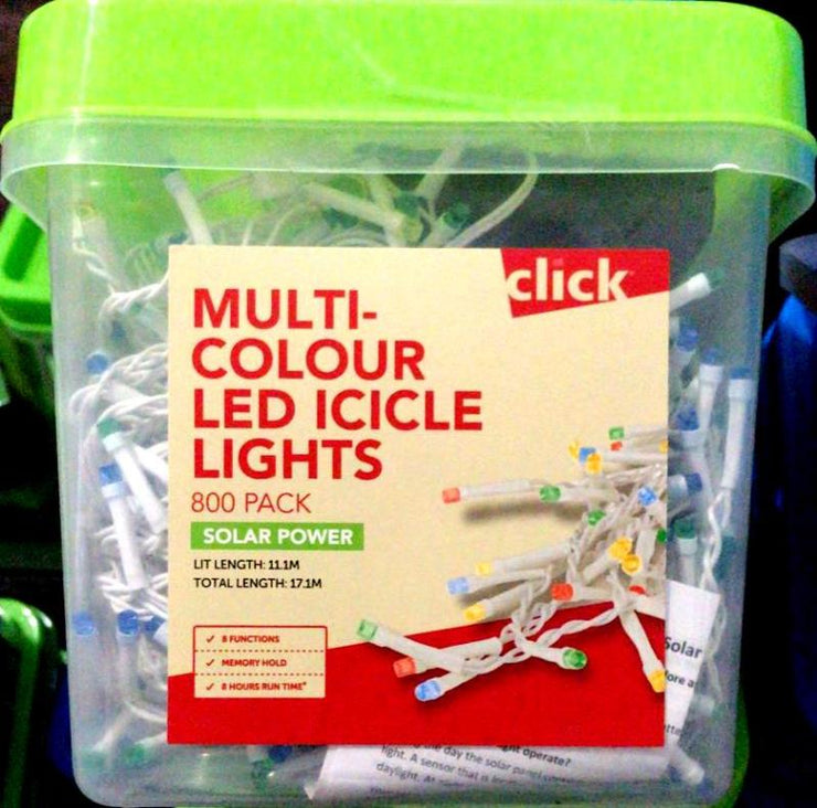 Click 800 LED Multicolour Solar Icicle Lights 6 Functions/Festive Christmas Lite