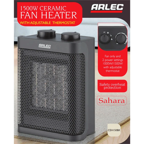 Arlec 1500W Black Portable Ceramic Fan Heater / 2 Power Settings/ Overheat Protection