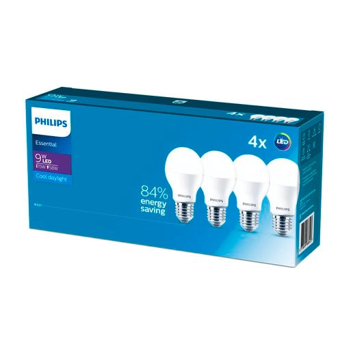 Philips 9W Cool Daylight A Shape Essentials LED E27 Globe - 4 Pack