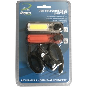 Repco USB Front & Rear Light Set Easy Install with Multiple Flash Modes