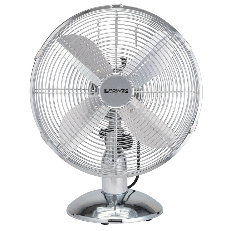 Euromatic 30cm Chrome Desk Fan/4 Blades/Stable Base/3 Speed Settings/Oscillating - TheITmart