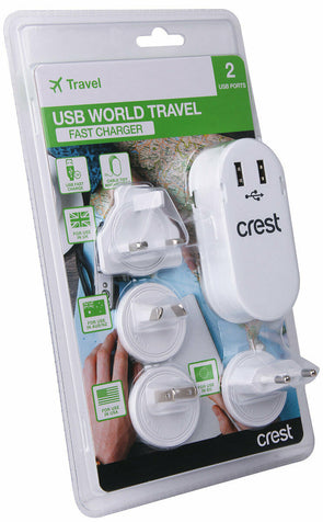 Crest PWA06025 USB World Travel Fast Charger 2 Fast USB ports for UK/USA/AUS/EU - TheITmart