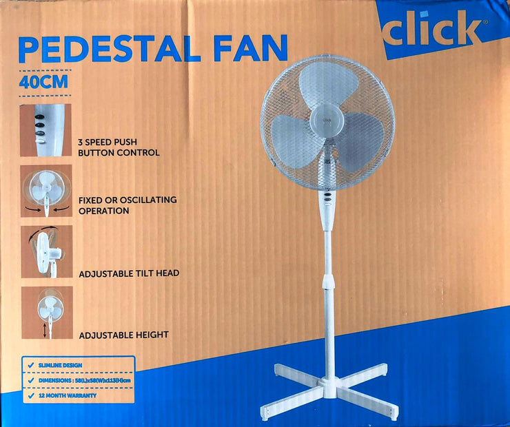 Click 40cm White Pedestal Fan/3 Speed/Oscillating/adjustable Height/Safety Grill