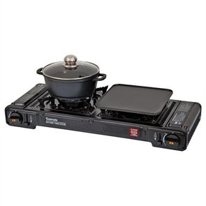 Gasmate Butane Twin Stove with Hotplate & Pot Set / Black