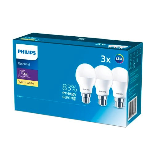 Philips 11W A60 Warm White A Shape Essentials LED B22 Globe - 3 Pack