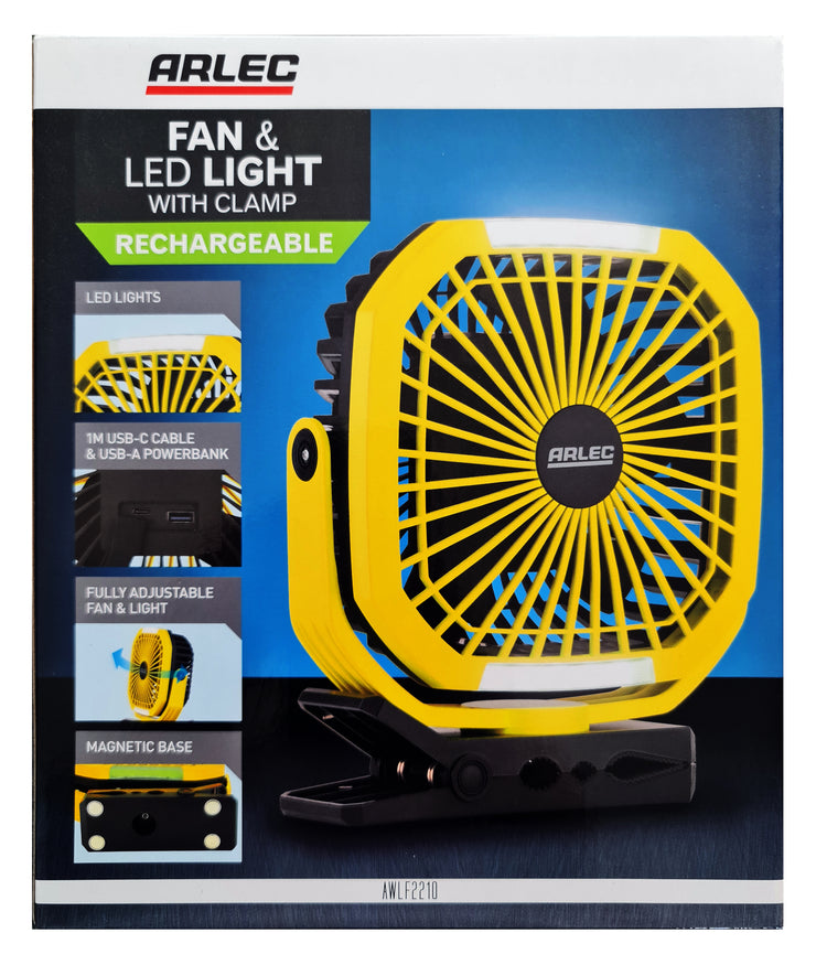 Arlec Rechargeable Fan & LED Light with Clamp for Outdoors & Worksites Magnetic Base