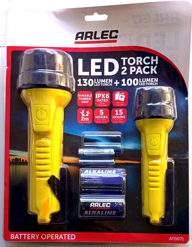 Arlec At0071 Waterproof Torch LED Rubber Combo with Batteries- 2 Pack