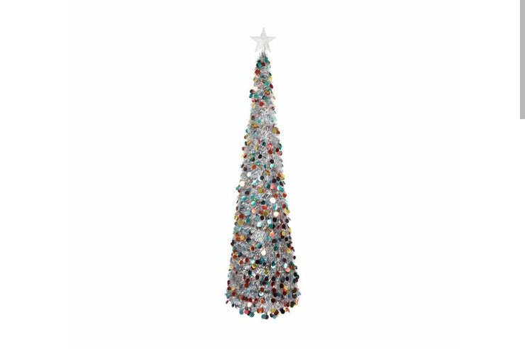 Click 180cm Low Voltage Collapsible Light Up Silver Sequin Tinsel Tree