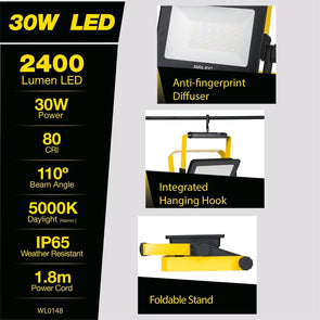 Arlec 30W 2400lm LED Portable Worklight with 360 Degree Swivel Hanging Hook