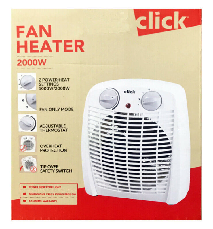 Click 2000w White Fan Heater 2 Heat Settings Safety Switch